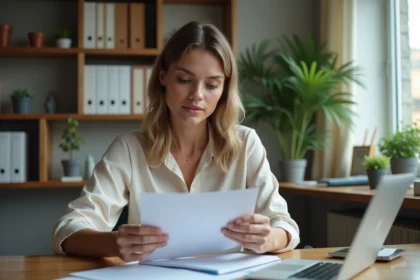 Femme en bureau moderne examinant des documents