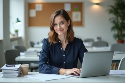 Femme au bureau configurant son ordinateur dans un espace moderne