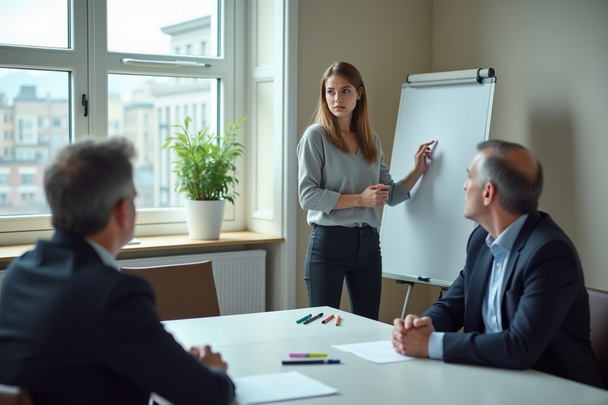 Jeune femme coach expliquant devant un tableau blanc en réunion