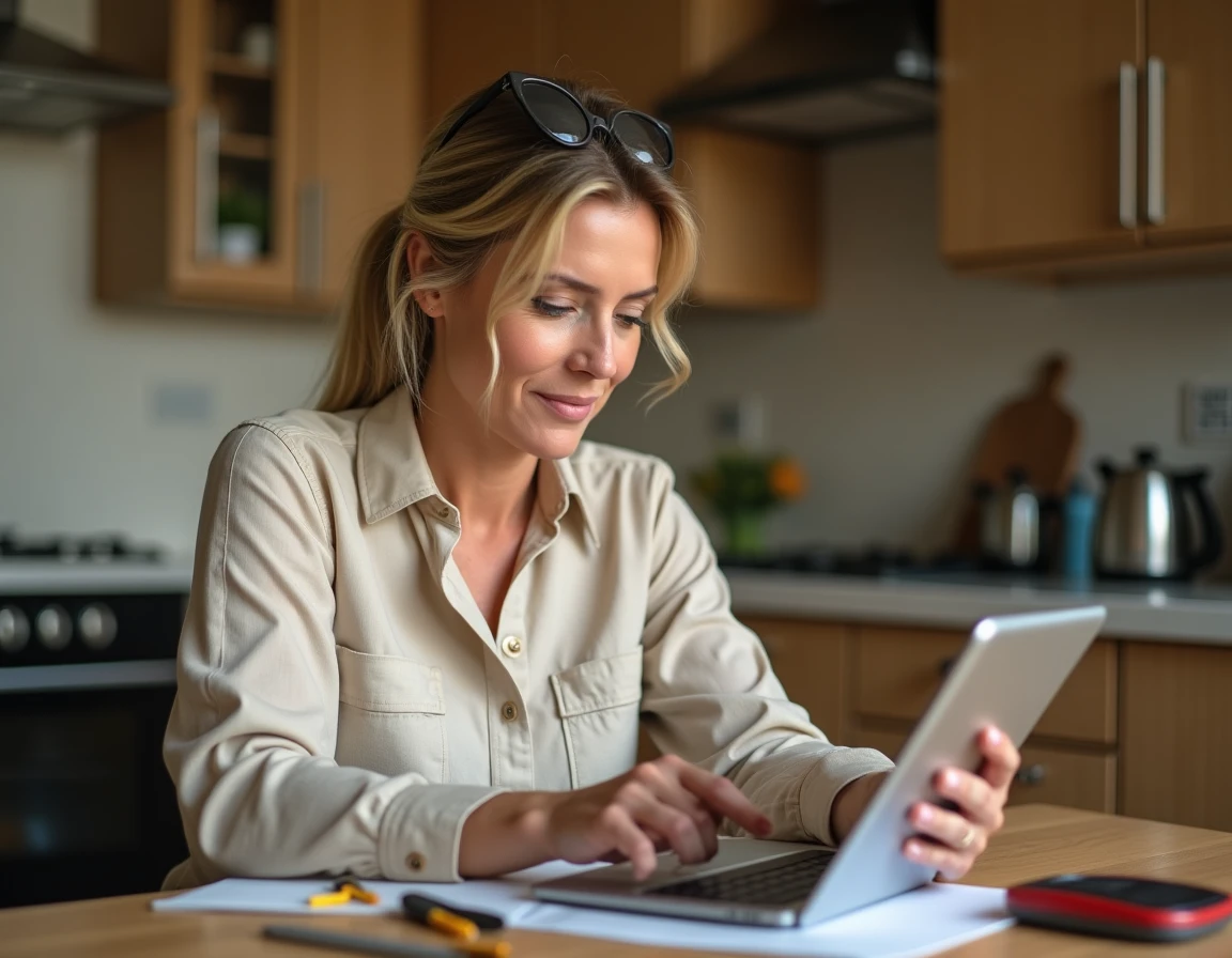 Femme comparant les prix des formations bricolage en ligne sur une tablette dans sa cuisine