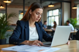 Femme professionnelle comparant les formules tarifaires de Zoneformationbusiness.fr sur un ordinateur portable dans un espace de coworking moderne