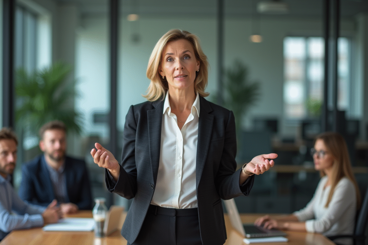 Femme confiante en réunion d'équipe en entreprise