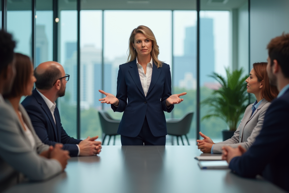 Femme en costume marine lors d'une réunion en entreprise