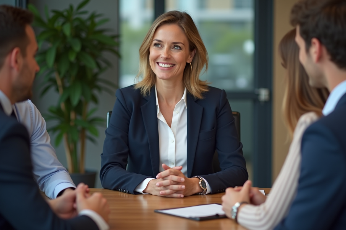 Femme confiante en réunion de travail en bureau moderne