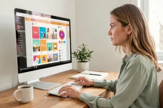 Femme utilisant Canva sur ordinateur de bureau pour créer des visuels de contenu dans un bureau moderne