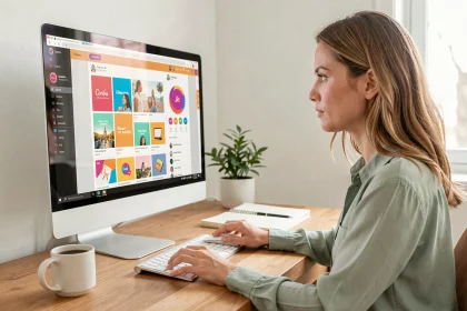 Femme utilisant Canva sur ordinateur de bureau pour créer des visuels de contenu dans un bureau moderne