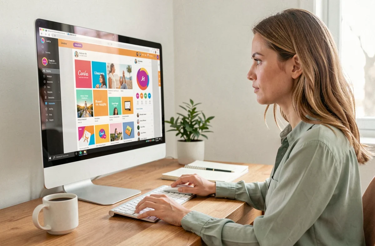 Femme utilisant Canva sur ordinateur de bureau pour créer des visuels de contenu dans un bureau moderne
