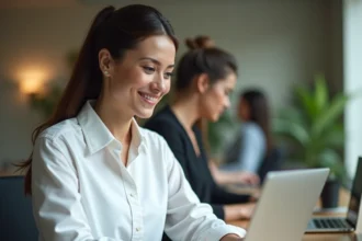 Femme professionnelle créant son profil en ligne sur un ordinateur portable dans un bureau moderne pour améliorer ses chances de recrutement