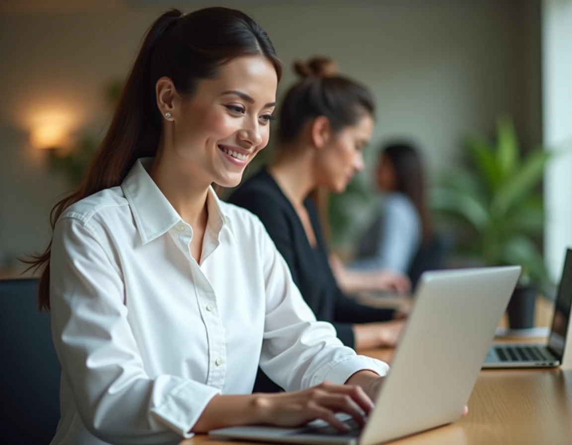 Femme professionnelle créant son profil en ligne sur un ordinateur portable dans un bureau moderne pour améliorer ses chances de recrutement