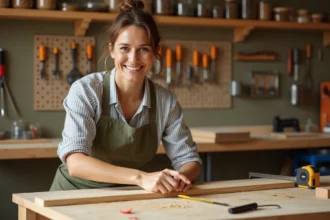 Femme débutante apprenant le bricolage en mesurant une planche en bois dans un atelier DIY accueillant