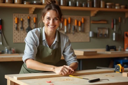 Femme débutante apprenant le bricolage en mesurant une planche en bois dans un atelier DIY accueillant