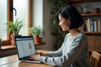 Femme assise à un bureau en bois consultant une plateforme e-learning Moodle sur un ordinateur portable dans un bureau à domicile