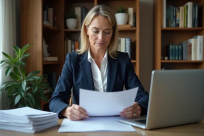 Femme professionnelle consultant des documents administratifs pour une inscription à Pôle emploi depuis l'étranger