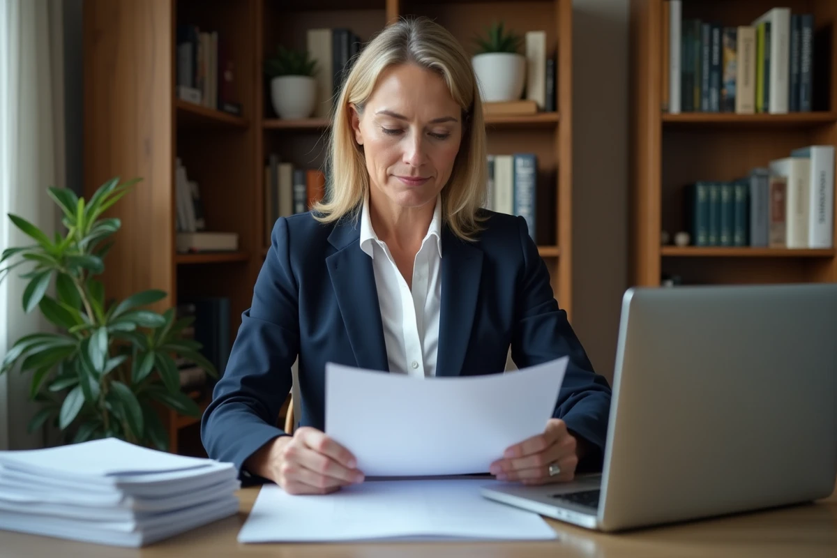 Femme professionnelle consultant des documents administratifs pour une inscription à Pôle emploi depuis l'étranger