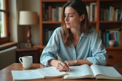 Femme étudiant la conjugaison du passé simple espagnol avec des livres de grammaire ouverts sur un bureau en bois