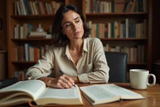 Femme étudiant la conjugaison du passé simple espagnol dans des livres de grammaire ouverts sur un bureau en bois
