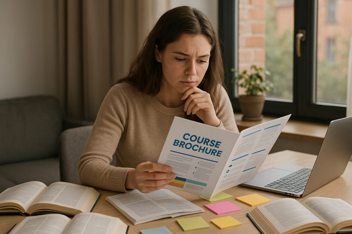 Jeune femme lisant un brochure d etudes dans un bureau lumineux