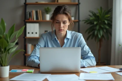 Femme consultant une fiche métier Pôle Emploi sur son ordinateur portable avec une expression perplexe, entourée de documents d'orientation professionnelle