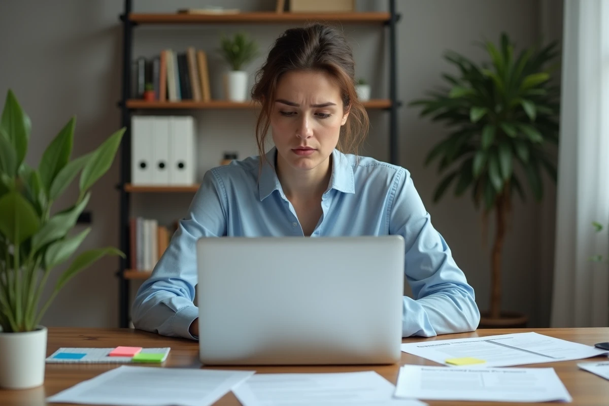 Femme consultant une fiche métier Pôle Emploi sur son ordinateur portable avec une expression perplexe, entourée de documents d'orientation professionnelle