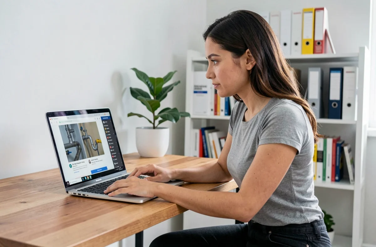 Une femme suivant une formation bricolage en ligne sur son ordinateur portable depuis son bureau à domicile