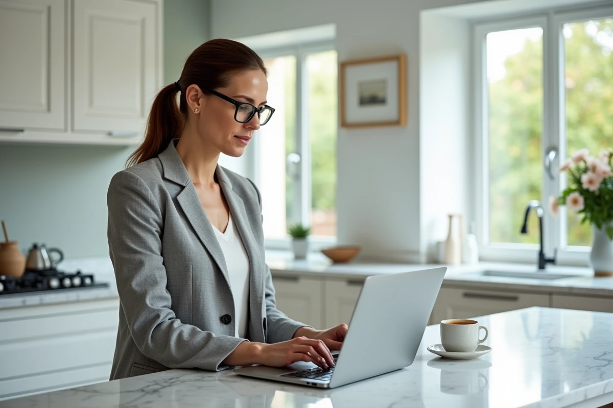 Femme adulte s'inscrivant à une formation en design d'intérieur sur decoscope.fr depuis sa cuisine moderne