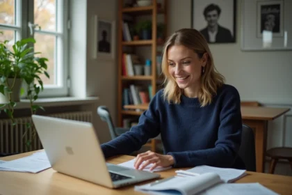 Femme en bureau lumineux étudiant un cours de photo
