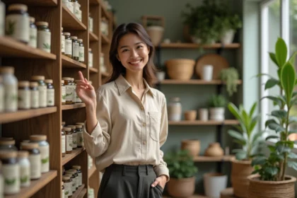 Femme arrangeant des compléments naturels en parapharmacie