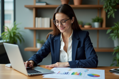 Femme professionnelle en réunion avec documents marketing