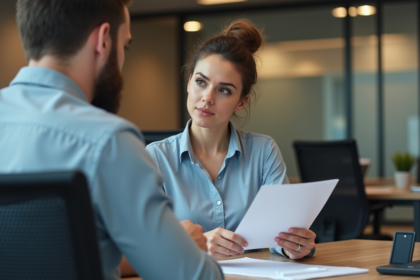 Femme professionnelle en discussion avec un collègue au bureau