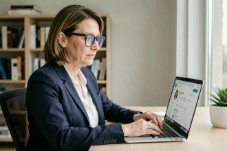 Femme professionnelle en télétravail prospectant sur LinkedIn depuis son bureau moderne à domicile