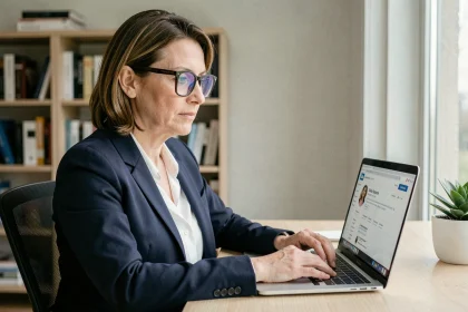 Femme professionnelle en télétravail prospectant sur LinkedIn depuis son bureau moderne à domicile