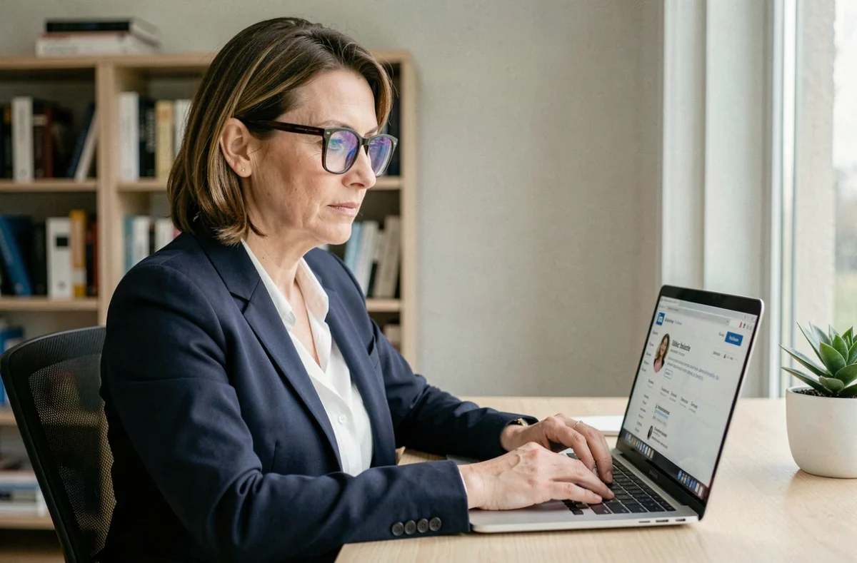 Femme professionnelle en télétravail prospectant sur LinkedIn depuis son bureau moderne à domicile