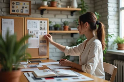 Femme en reconversion professionnelle étudiant la décoration intérieure à son bureau avec des échantillons de tissus et planches d'ambiance