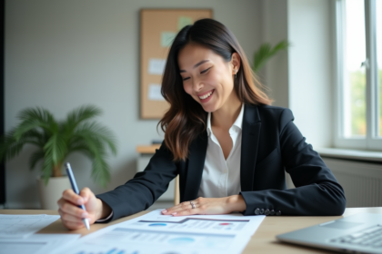 Femme professionnelle en réunion de stratégie dans un bureau lumineux