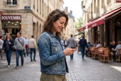 Femme dans une rue pavée d une ville européenne historique