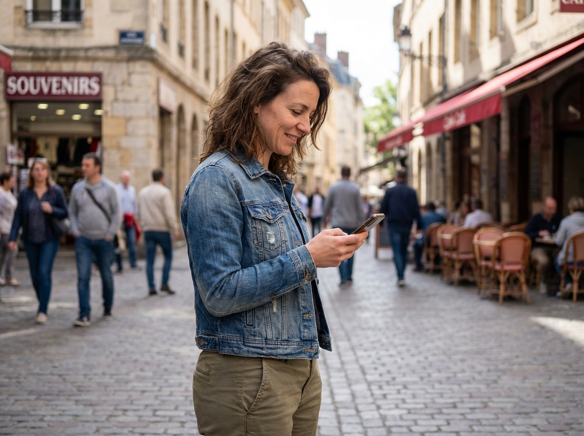 Femme dans une rue pavée d une ville européenne historique