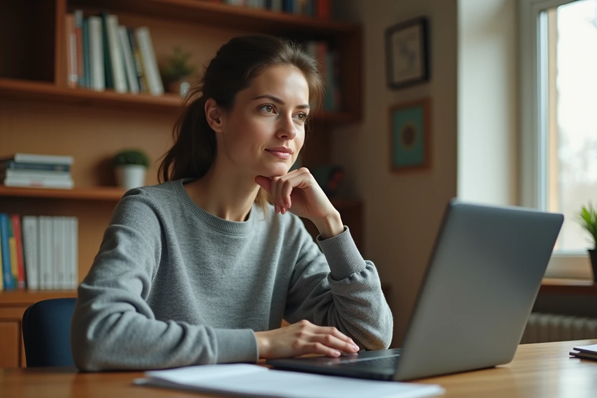 Femme concentrée passant un test de QI en ligne sur un ordinateur portable dans un bureau à domicile