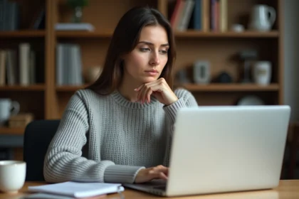 Femme concentrée évaluant un test de QI gratuit en ligne sur son ordinateur portable dans un bureau à domicile