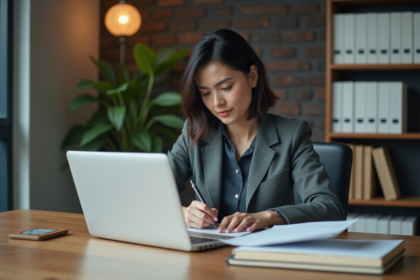 Femme d affaires remplissant des documents dans un bureau moderne