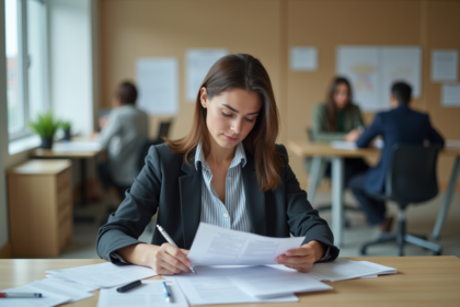 Femme en formation professionnelle dans un bureau moderne
