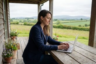 Femme en blazer travaillant sur un ordinateur en campagne