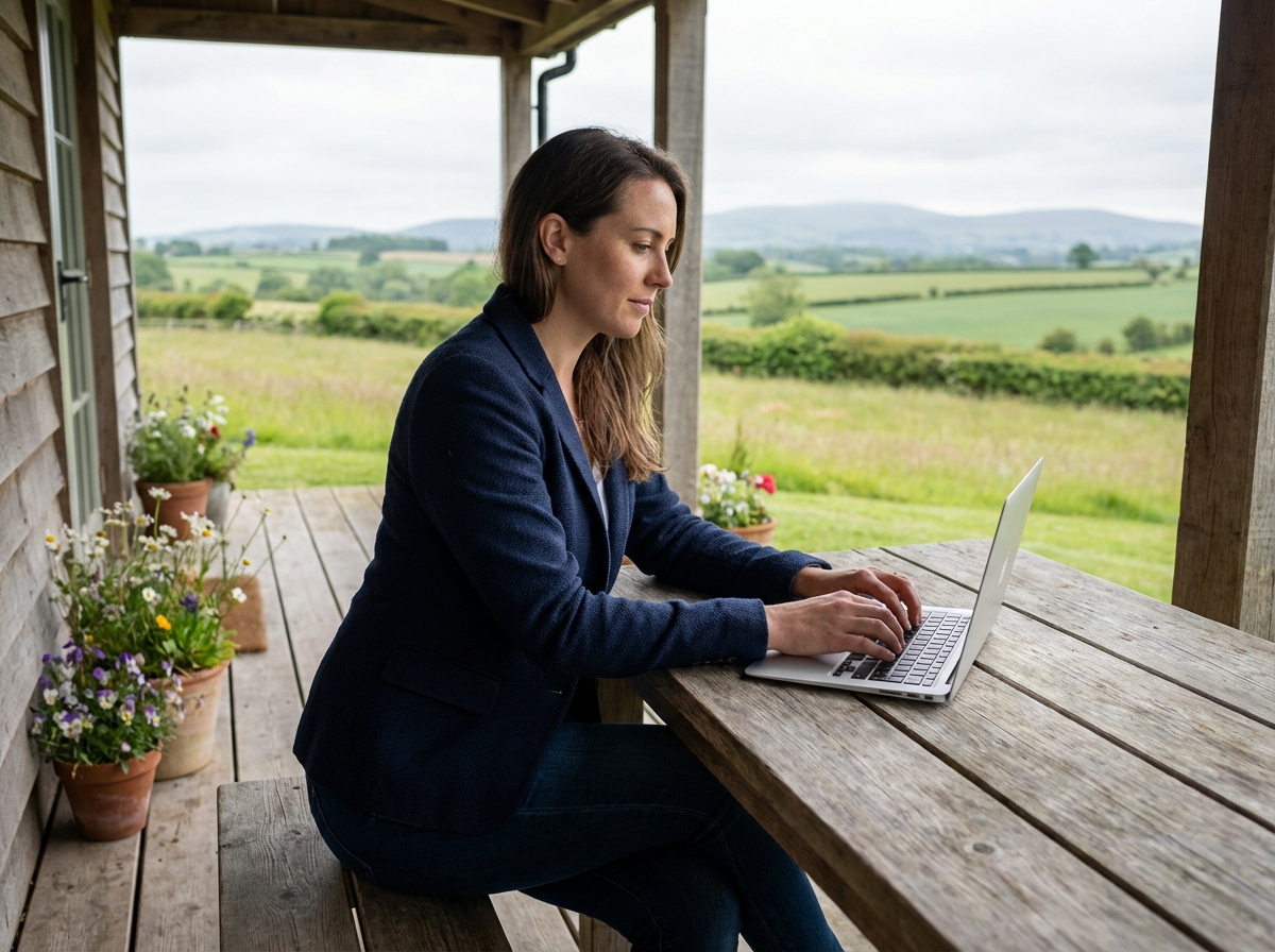Femme en blazer travaillant sur un ordinateur en campagne