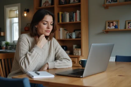 Femme assise à une table avec ordinateur et tasse dans un intérieur cosy