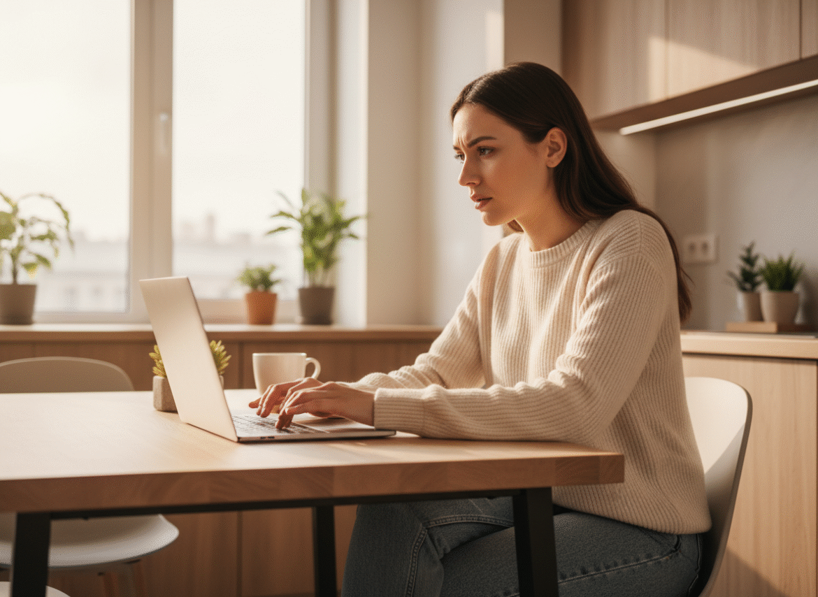 Jeune femme concentrée sur son ordinateur dans une cuisine lumineuse