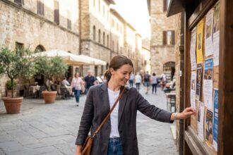 Femme dans une ville historique en blazer en jean