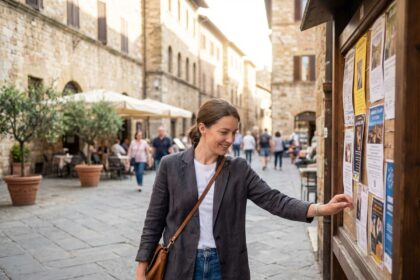 Femme dans une ville historique en blazer en jean