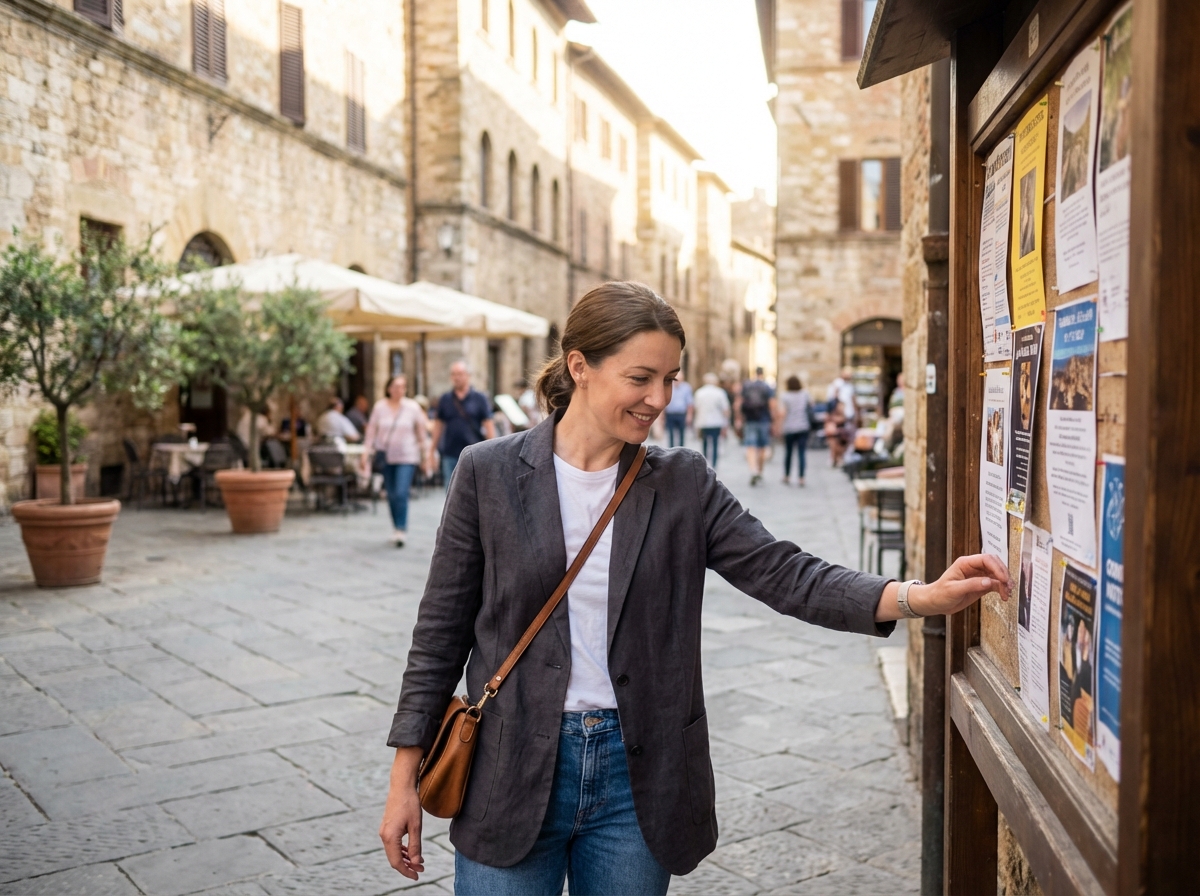 Femme dans une ville historique en blazer en jean