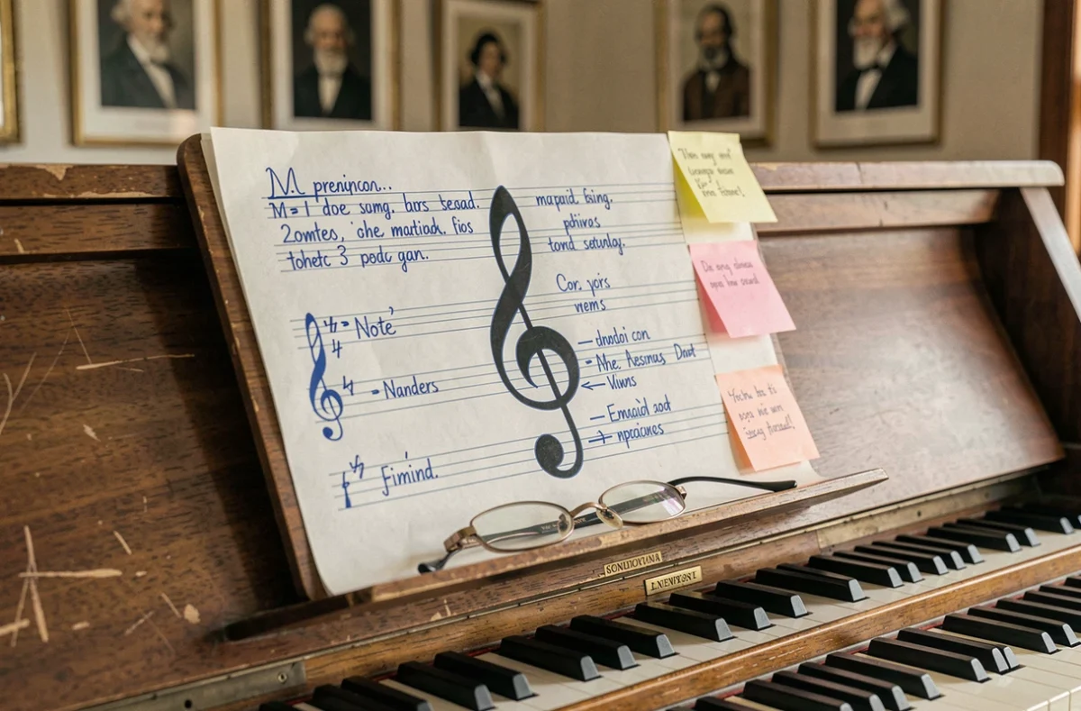 Fiche pédagogique annotée avec la clé de FA posée sur un pupitre de piano droit avec post-it mnémotechniques