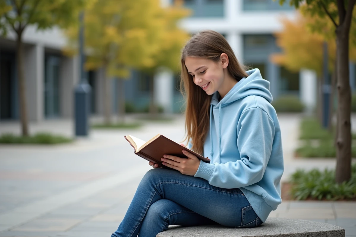 Fille lisant un livre de grammaire française en extérieur
