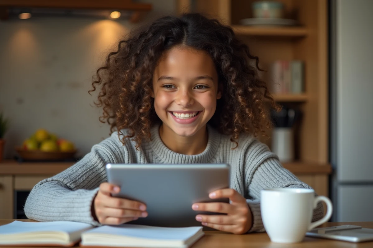 Fille souriante en étude en ligne à la table de cuisine